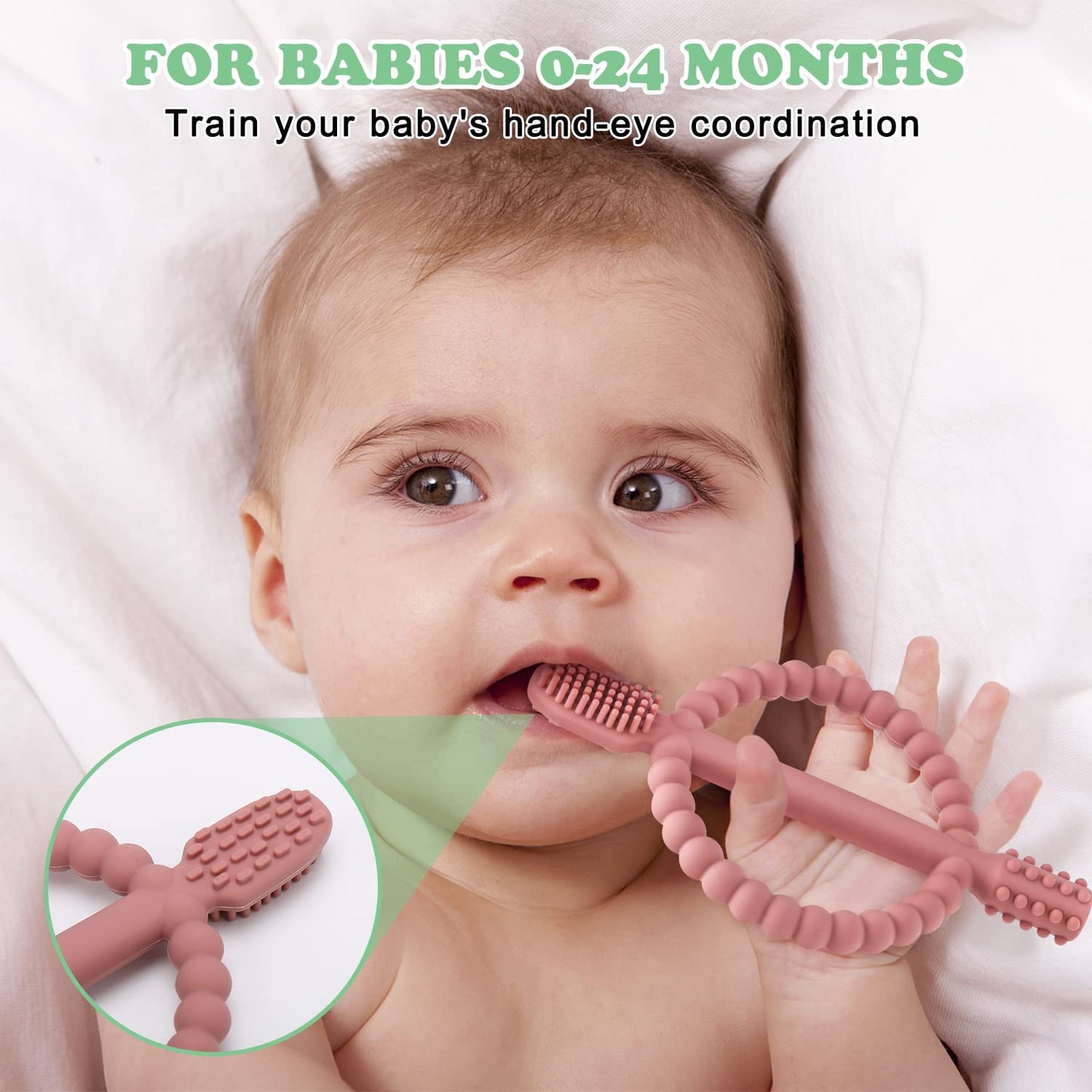 Baby Teething Toys with Easy-Hold Handle, Silicone Infant Toothbrush, Textured On Both Sides Helps Massage, Soothe Sore Gums, Teething Toys for Babies 0-6 Months, 6-12 Months Bright Green & Caramel