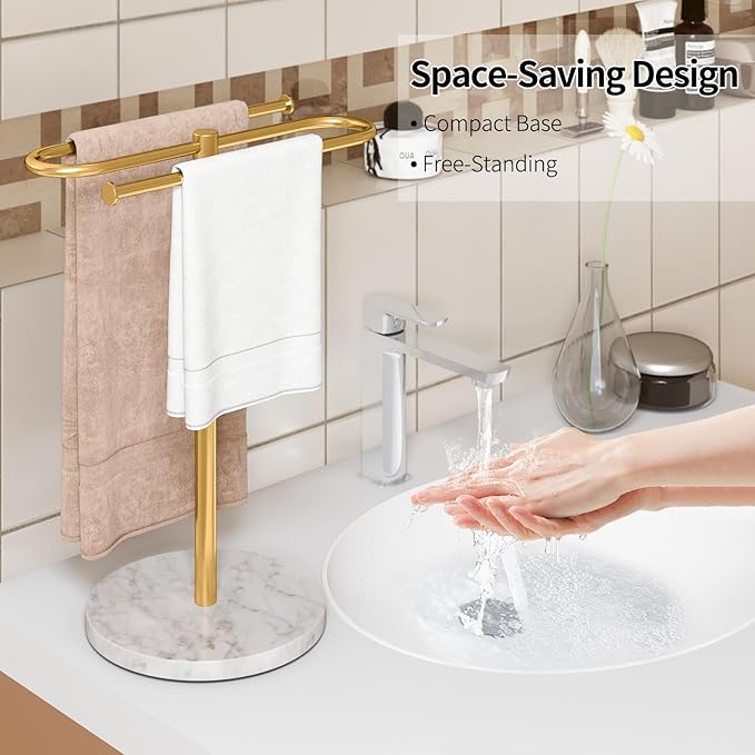Countertop Towel Stand Free Standing with Marble Base, S-Shape Hand Towel Stand for Bathroom Stainless Steel Rust-Proof, Hand Towel Holder Standing for Kitchen Vanity Countertop (Gold)