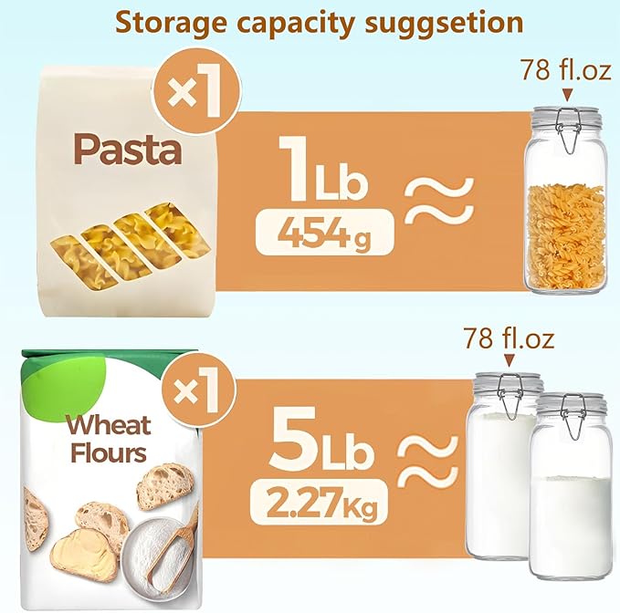 HVOPGEEUAN Clear Food Storage Jars 78oz Square, Airtight Glass Canister with Lids Set of 3, Kitchen & Pantry Organization Food Storage Container for Canning, Sugar, Flour, Candy, Cereal, Coffee