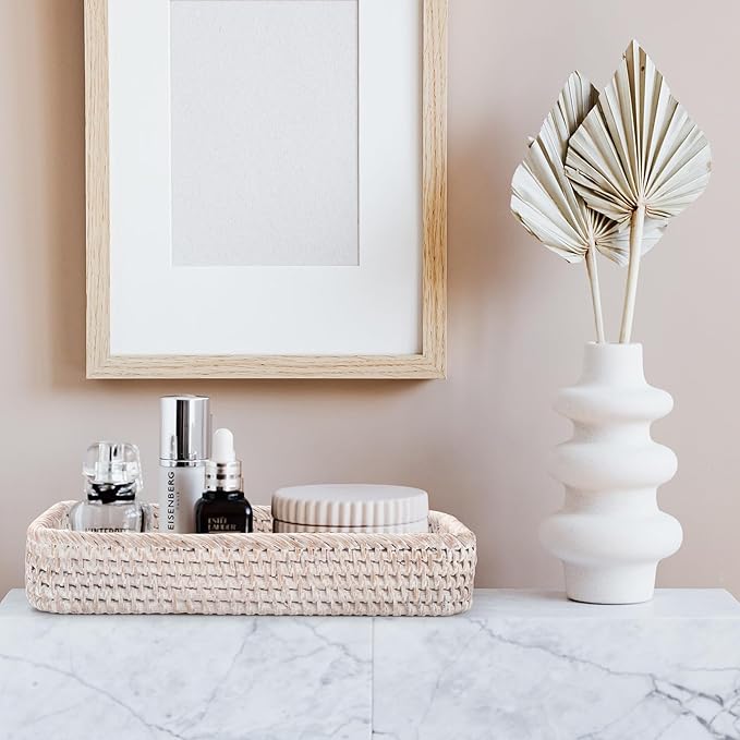 Rattan Bathroom Vanity Tray, Toilet Tank Tray, Toilet Basket Tank Topper, Bathroom Basket for Organizing and Decor (Whitewash, 10.2" x 4.9" x 1.6")