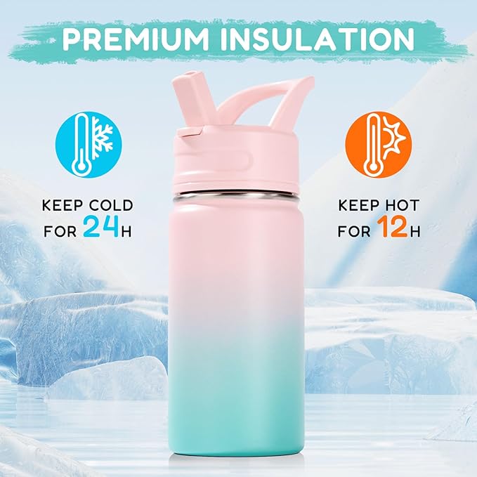 12oz Kids Water Bottle for School, Toddler Bottles with Straws, Stainless Steel Vacuum Insulated Water Bottle for Boys&Girls, Leak-Proof, BPA-Free, Bubble Gum