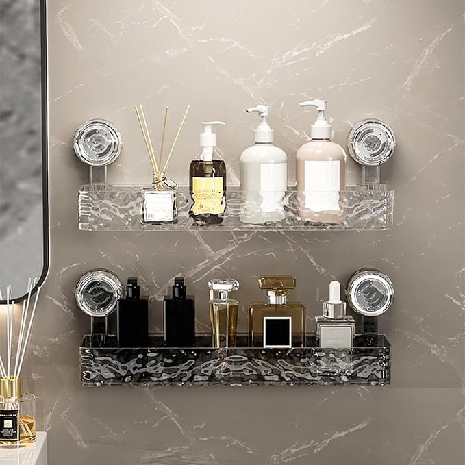 No-Drill Bathroom Suction Storage Box,Corrugated Suction Cup Storage Holder,Powerful Suction Storage Box,Removable Hanging Storage Basket, No Drilling Shelves Caddy, Ripple Acrylic (Long style-Grey)