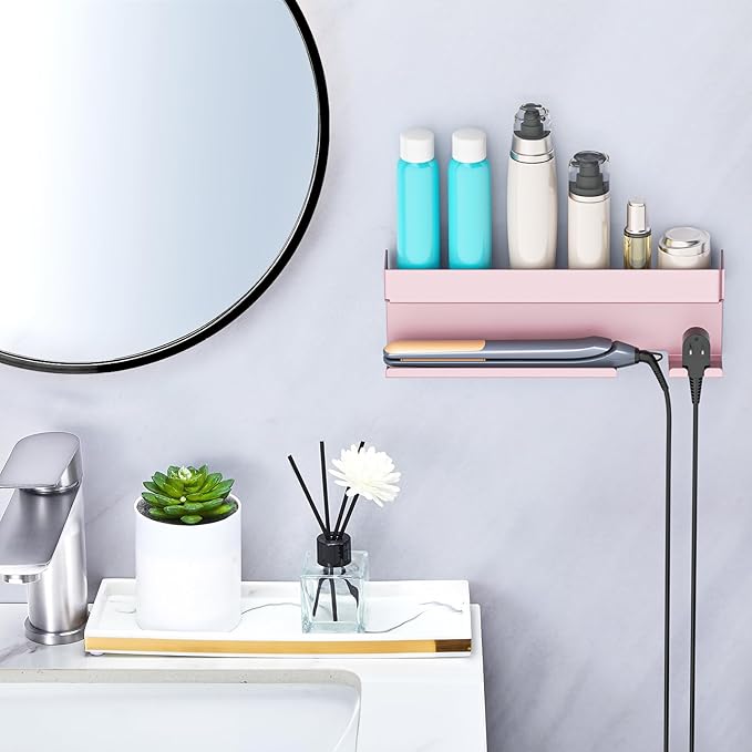 Storage Hair Dryer Holder for Curling Iron Accessories, Hair Tool Organizer Wall Mount, Curling Iron Holder, Bathroom Hair Straightener Holder Stand for Styler Attachments Organizer, Rose Gold