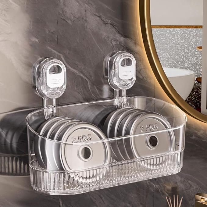 No-Drill Bathroom Suction Storage Box,Corrugated Suction Cup Storage Holder,Powerful Suction Storage Box,Removable Hanging Storage Basket, No Drilling Shelves Caddy, Ripple Acrylic Wall Shelf (Brown)