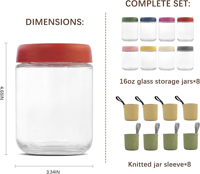16 OZ 8 Pack Overnight Oats Jars with Airtight Lids and Jar Sleeve, Glass Containers for Meal Prep, Leak-Proof Food Storage Jars for Yogurt, Pudding & Healthy Breakfast (16oz-8 Pack)