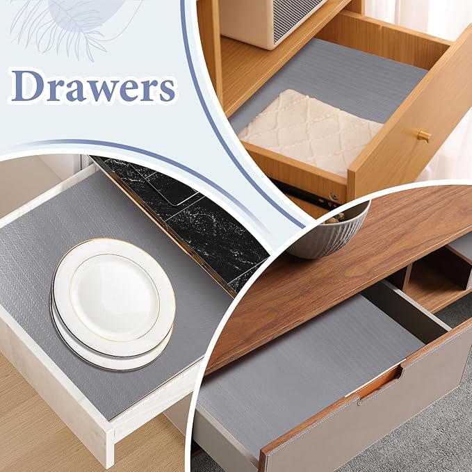 Drawer and Shelf Liner for Kitchen Cabinet: 17 in X 20 Ft Non Slip Waterproof Shelf Paper Non Adhesive Refrigerator Liners Gray Easy Liners for Bathroom Cupboard with Knife Tape Measure