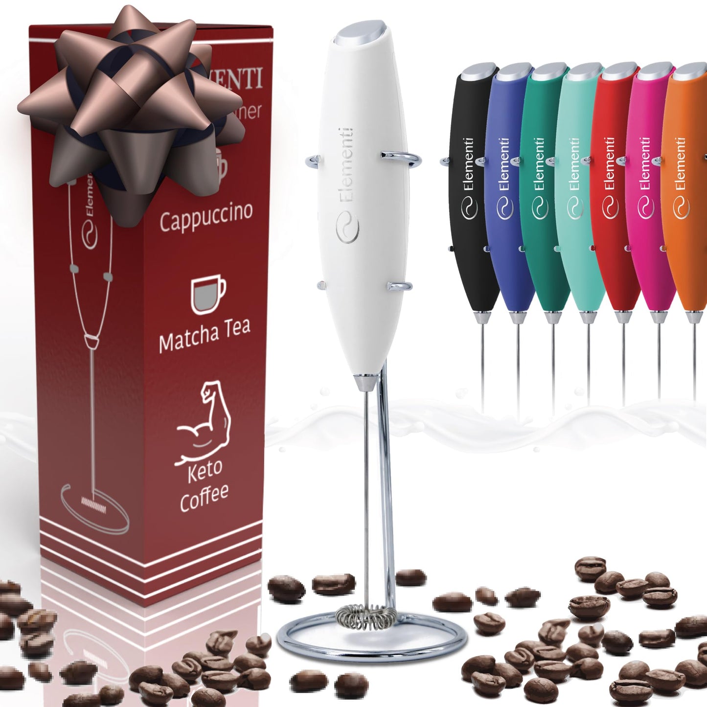 Elementi Portable Milk Frother & Stand – Compact Mixer for Powdered Drinks and Coffee, Electric Whisk Hand Blender, Specialty Kitchen Appliance (Pumpkin Orange)