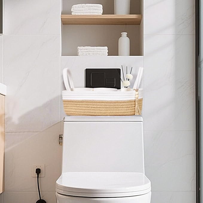 ABenkle Small Storage Basket for Toilet Tank Top - Jute Rope Woven Organizer with Handle, Boho Countertop Bathroom Decor, Toilet Paper Holder, 13x6x4 Inch