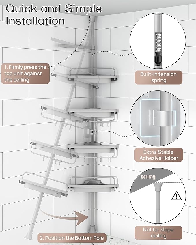 ALLZONE Rustproof Shower Caddy Corner for Bathroom,Bathtub Storage Organizer for Shampoo Accessories,4-Tier Adjustable Shelves with Tension Pole, 34 to 116 Inch, Grey