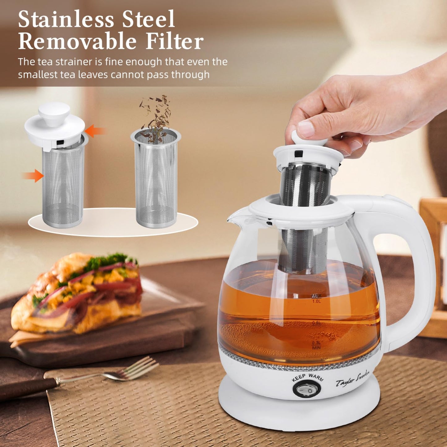 Taylor Swoden Electric Kettle With Tea Infuser, 1L, White