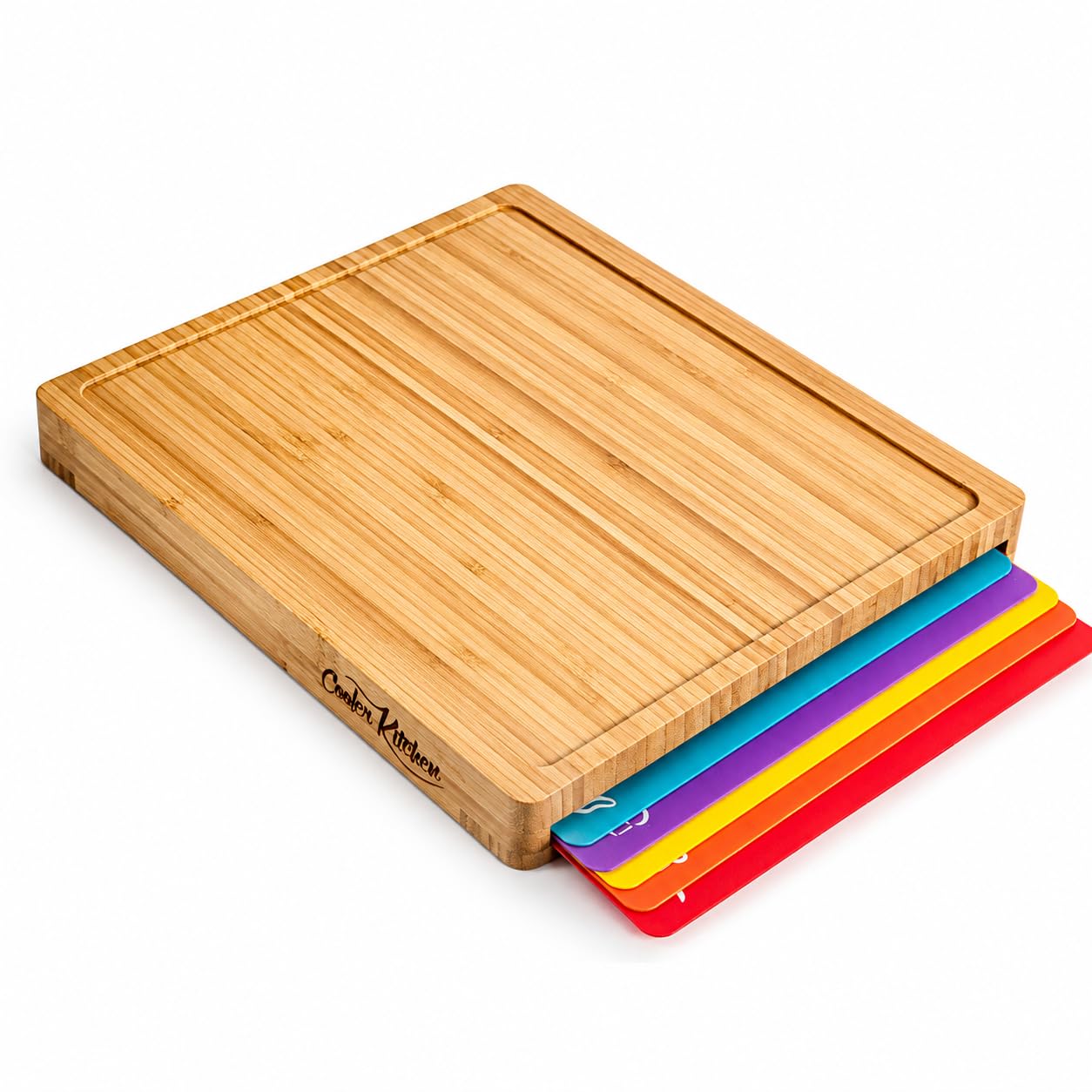 Bamboo Cutting Board Set with 6 Color Coded Flexible Mats Food Icons, BPA-Free Non Slip Easy Clean Cutting Boards for Kitchen with Holder, Dishwasher Safe, Meal Prep & Serving, Large | Cooler Kitchen