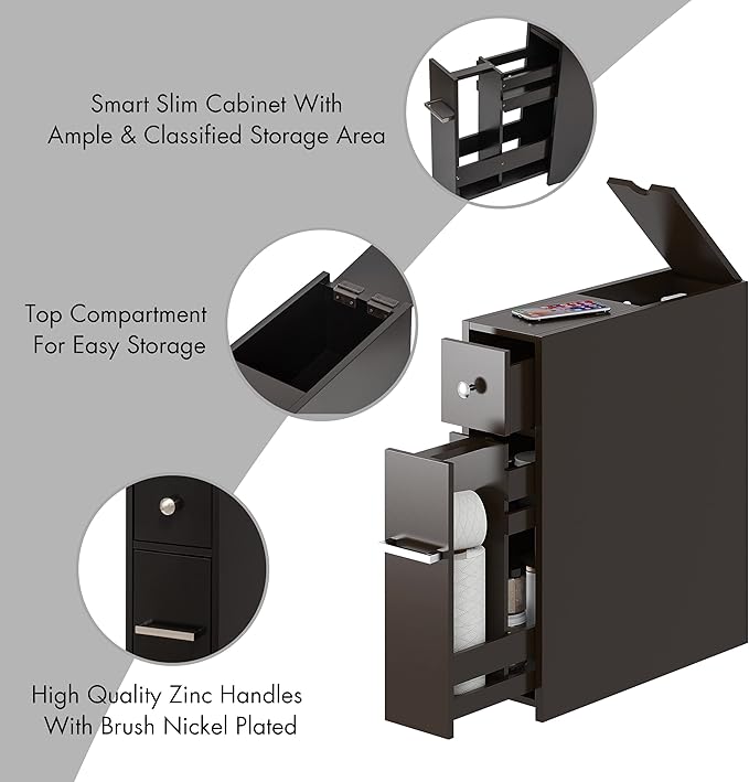 Spirich Slim Bathroom Storage Cabinet, Free Standing Toilet Paper Holder, Bathroom Cabinet Slide Out Drawer, Espresso