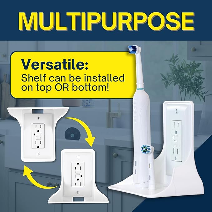 BeraTek Power Perch Wall Outlet Shelf with Cord Storage Strap - Declutter & Reclaim Counter Space - Top Uses: Charging Shelf, Echo Dot Stand, Apple HomePod Mini Wall Mount - White, 2-Pack