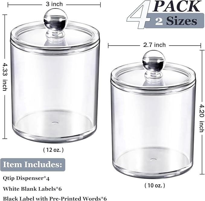 SheeChung 4-Pack Clear Acrylic Apothecary Jars with Labels - (2) 10oz & (2) 12oz Qtip Holder Set - Shatterproof Bathroom Vanity Organizer for Cotton Swabs, Balls, Pads - Minimalist Decor