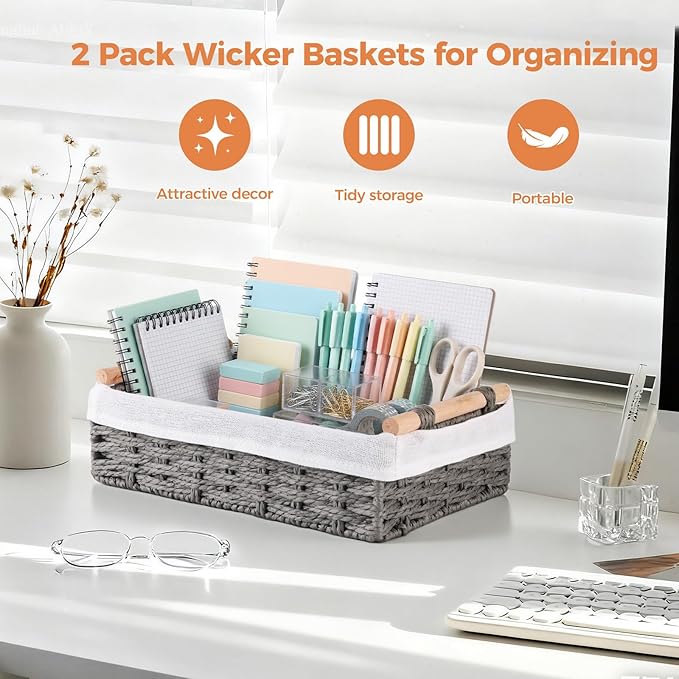 HomeHacks 2 Pack Storage Basket Paper Rope Baskets for Organizing with Handle Decorative Storage Bins for Countertop Toilet Paper Basket for Toilet Tank Top Small Baskets, Grey
