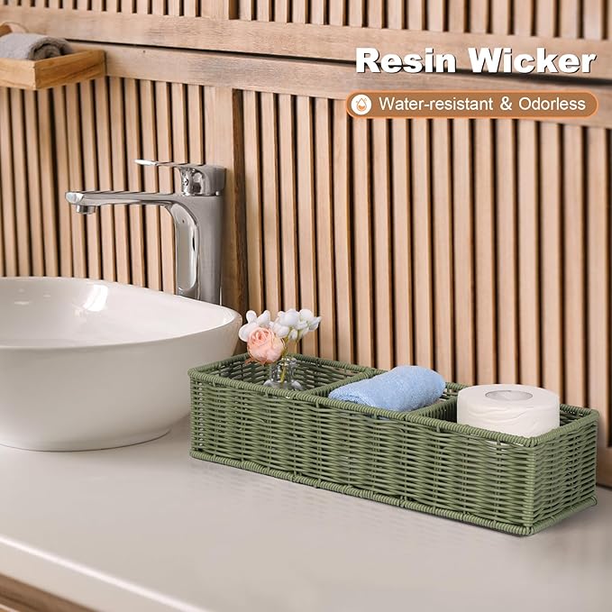 Toilet Paper Basket Decor: Sage Green Water-Resistant Organizer - 3-Section Basket Set | Modern Minimalist Storage 2-Pack
