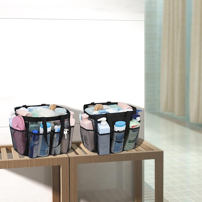 F-color Mesh Shower Caddy Portable, X Large 7 Deeper Pockets Shower Bag Basket Tote for College Dorm Room Bathroom Essentials Gym Camp Quick Dry 2 handles with S Hook, 2 Pack Black