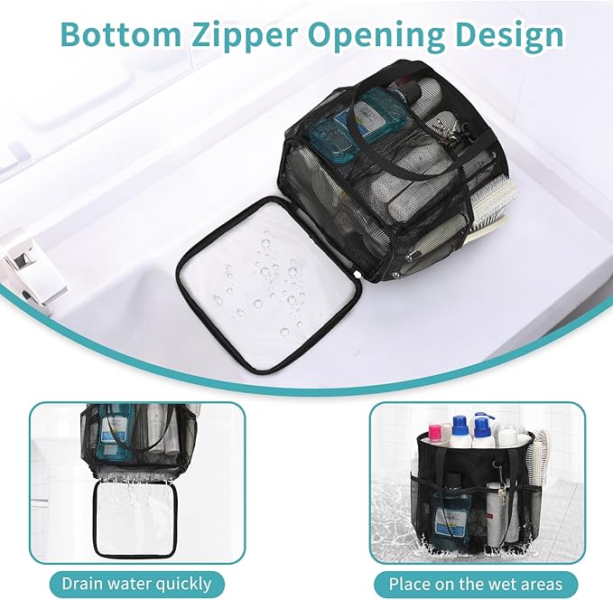 Mesh Shower Caddy Portable for College Dorm Room Essentials, Shower Tote Bag with Hanging Hook and Drawstring, Quick Dry Toiletry Bag with 6 Pockets for Bathroom, Swimming, Gym, Camping, Beach, Travel