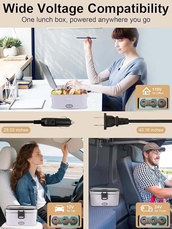 1.8L+0.5L Heated Lunch Box for Men, 80W Electric Lunch Box with Long-handled Utensils for Adults, 12V/24V/110V Lonchera Eléctrica Portátil, Portable Food Warmer for Car/Truck/Office (White)