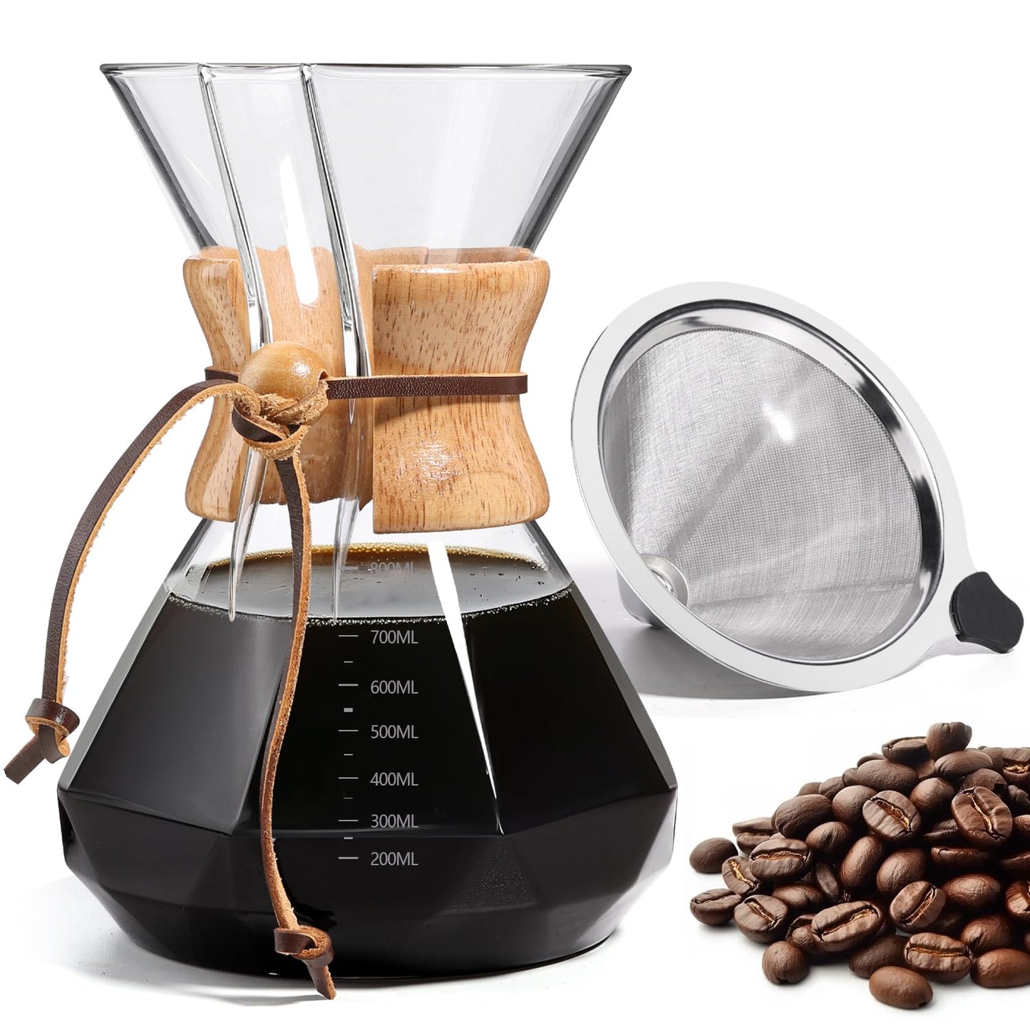 Yopinmall Pour Over Coffee Maker 20 OZ, 6 Cup Borosilicate Glass Drip Coffee Maker with Reusable Stainless Steel Filter and Cork Grip for Home Café 600 ML