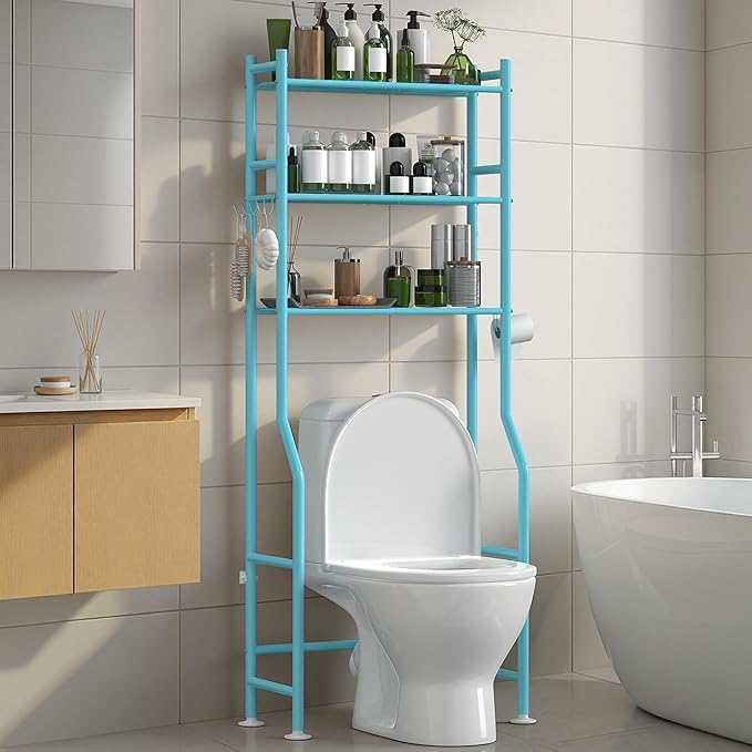 3-Tier Over The Toilet Storage with Paper Holder, Metal Bathroom Organizers and Storage for Small Space, Freestanding Bathroom Shelves with 4 Hooks, Above The Toilet Storage Shelf (Blue)