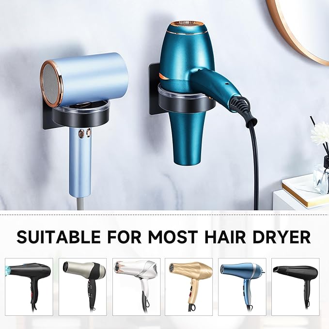 Hair Dryer Holder Wall Mounted, Blow Dryer Holder, Hair Tool Organizer for Hair Dryer Storage Hanger, Adhesive Hairdryer Holder for Bathroom Barber Shop (Black)