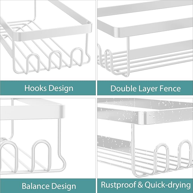 StorageRight Corner Shower Caddy, 3 Pack Adhesive Bathroom Accessories with Soap Holder, Storage Stainless Shower Organizer Shelf with Hooks, No Drilling Shower Shelves for Bathroom(White, Large)