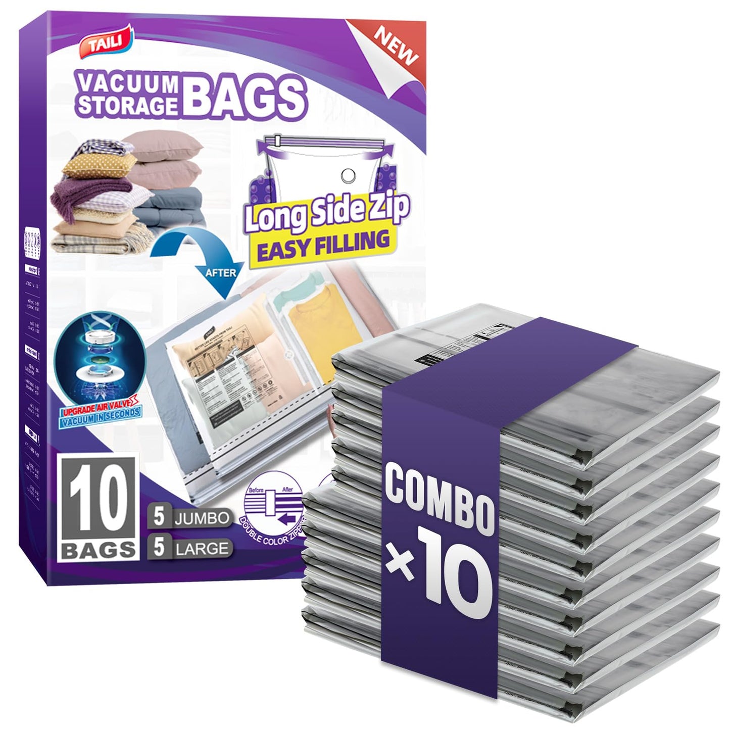 TAILI 8 Pack Vacuum Storage Bags, 2 Size Combo(4 Large+4 Jumbo), Clear