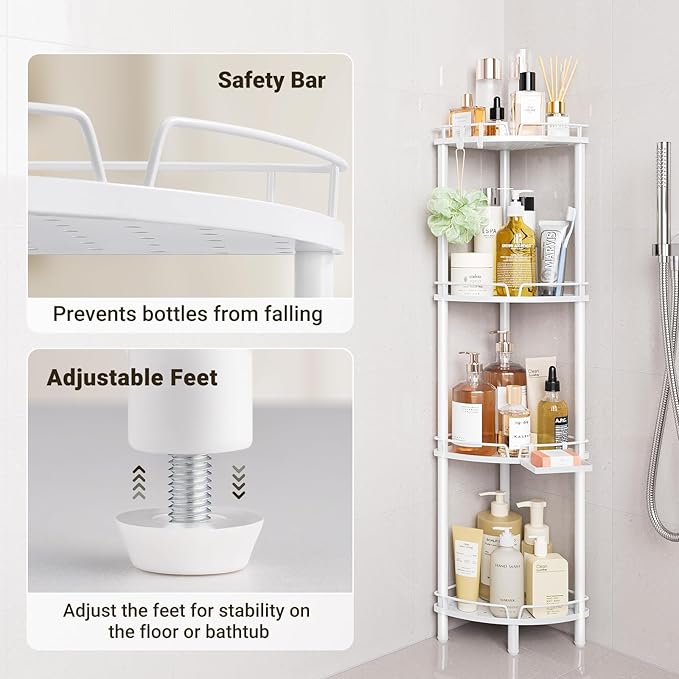 ELYKEN Corner Shower Caddy Standing, 4 Tier Rustproof Metal Shower Organizer with Soap Holder, Floor Shower Corner Shelf Rack Storage Stands with Adjustable Feet & 2 Hooks for Bathroom, White