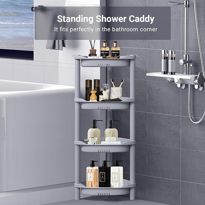ELYKEN 4 Tier Shower Caddy Organizer Shelf Corner, 14.4 x 11.2 x 31.5 Inches, Rustproof, Plastic Shower Rack Stands for Inside Bathroom, Bathtub, Shower Pan, Grey