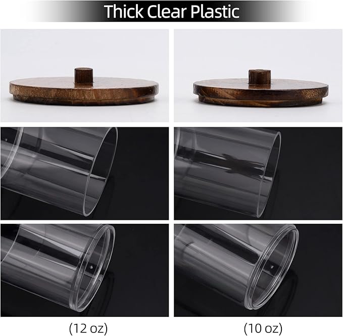 Tbestmax 4 Pack Qtip Holder Dispenser Cotton Ball, Cotton Swab, Floss - 12oz, 10 oz Clear Plastic Apothecary Jars for Bathroom Organizer and Storage Containers (Brown Wood Lids)
