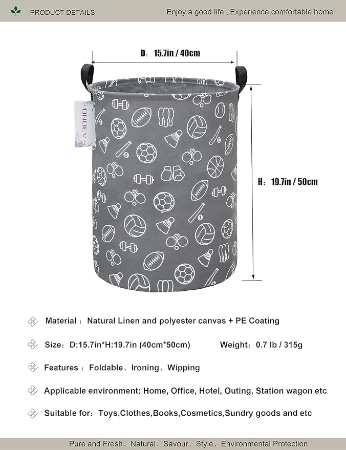 Round Waterproof Laundry Basket、Foldable Storage Basket、Laundry Hampers with Handle、Gift Basket,Suitable for Children's Room and Toy Storage (Grey Sports Ball)