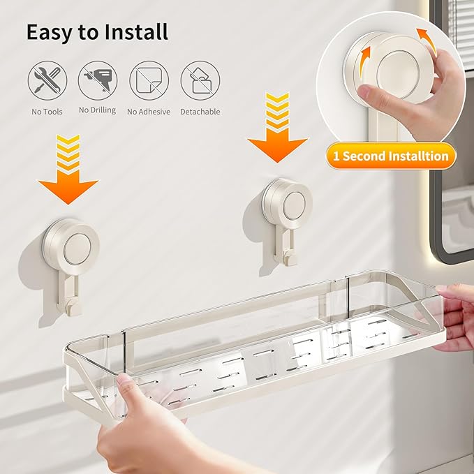 Suction Cup Shower Caddy, Removable Bathroom Organizer Shelf for Shower Storage, No Drilling Clear Square Shower Shelves, Large Capacity & Reusable, Home & Kitchen White