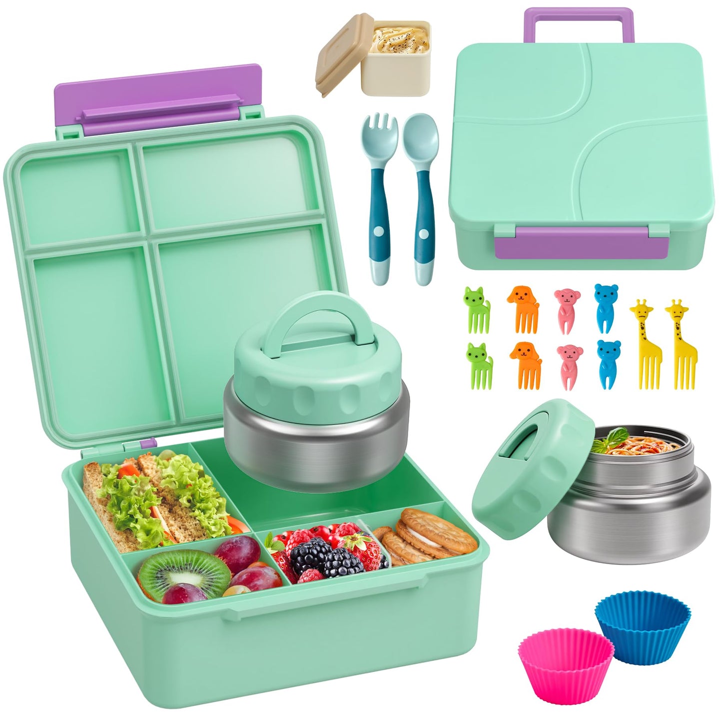 Bento Lunch Box with 9.5 oz Soup Thermo, Kids Leakproof 4 Compartments Bento Box with Silicone Cupcake,Fruit Fork,Spoon and Sauce Cup,Insulated Food Jar for School Travel-Blue
