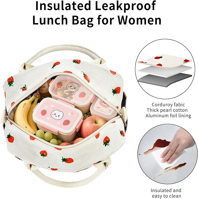 Lunch Bag Women Lunch Box for Women Adult Cute Insulated Lunch Bag Lager Cooler Lunch Tote Bags for Work Picnic (Beige-Strawberry)