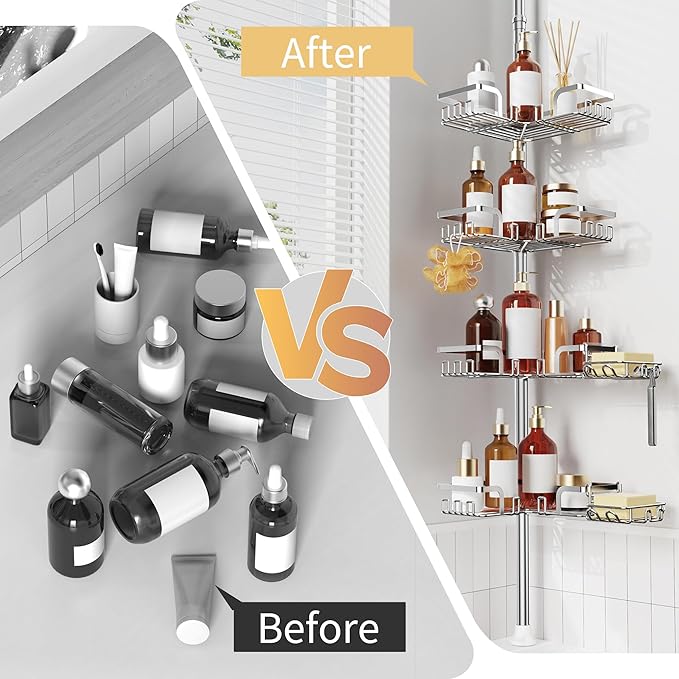 Shower Caddy Corner for Bathroom, Tension Pole, Adjustable 25in-114in Floor to Ceiling, Standing Shower Tension Rod Organizer, 4 Tier Storage Shelves with 2 Soap Holders/Hanging or Adhesive, Silver