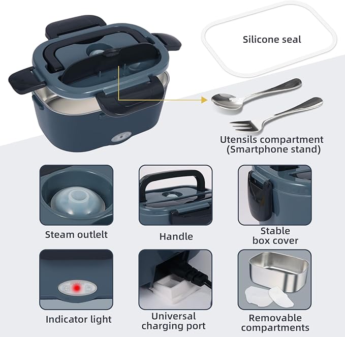 Electric Lunch Box, 12V/24V/110V Portable Food Warmer with SS Fork & Spoon for Car/Truck/Office, 80W Self Heating Lunch Box with 1.5L 304 Stainless Steel Container & 0.45L PP Fruit Box Black