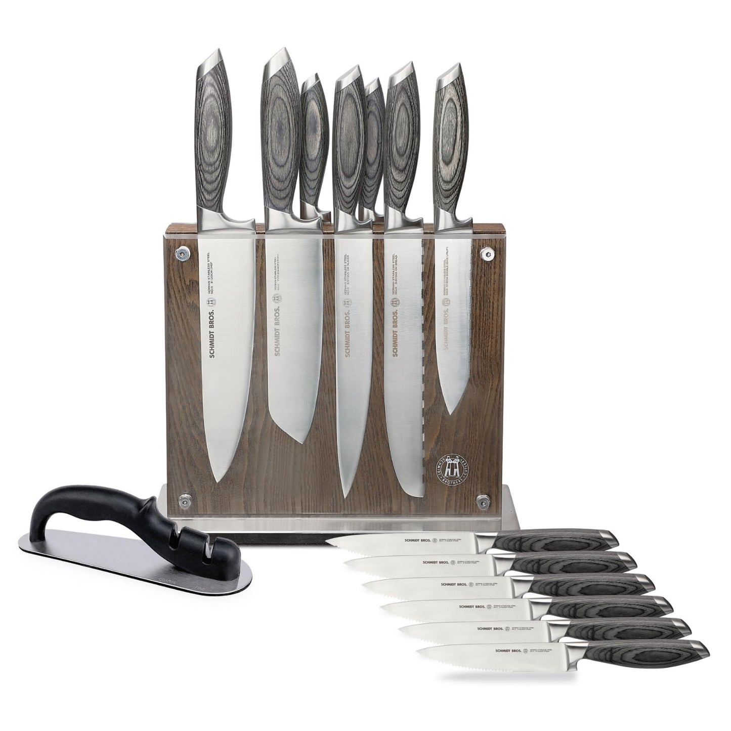 Schmidt Brothers - Bonded Ash 7-Piece Kitchen Knife Set, High-Carbon German Stainless Steel Cutlery, Ash Finish Wood Handles and Clear Acrylic Magnetic Knife Block