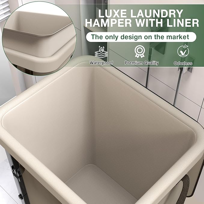40 Gal(150L) High Grade Large Laundry Basket with Wheels, Rolling Laundry Hamper, Laundry Cart with Metal Frame and Removable Bag Design, Suitable for Laundry Room, Bedroom (White, 150L)