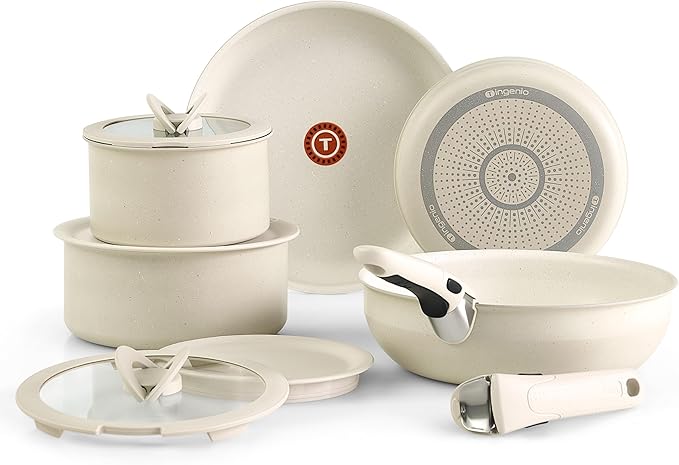 T-fal Ingenio Essentials Cookware Set with Detachable/Removable Handle 11 Piece, Granite Titanium Non Stick, Induction, Oven Broiler Safe 500F, Stackable, Pots and Pans Set, RV Camping, Fry Pans Beige