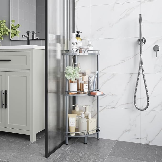 ELYKEN Corner Shower Caddy Standing, 3 Tier Rustproof Metal Shower Organizer with Soap Holder, Floor Shower Corner Shelf Rack Storage Stands with Adjustable Feet & 2 Hooks for Bathroom, Silver