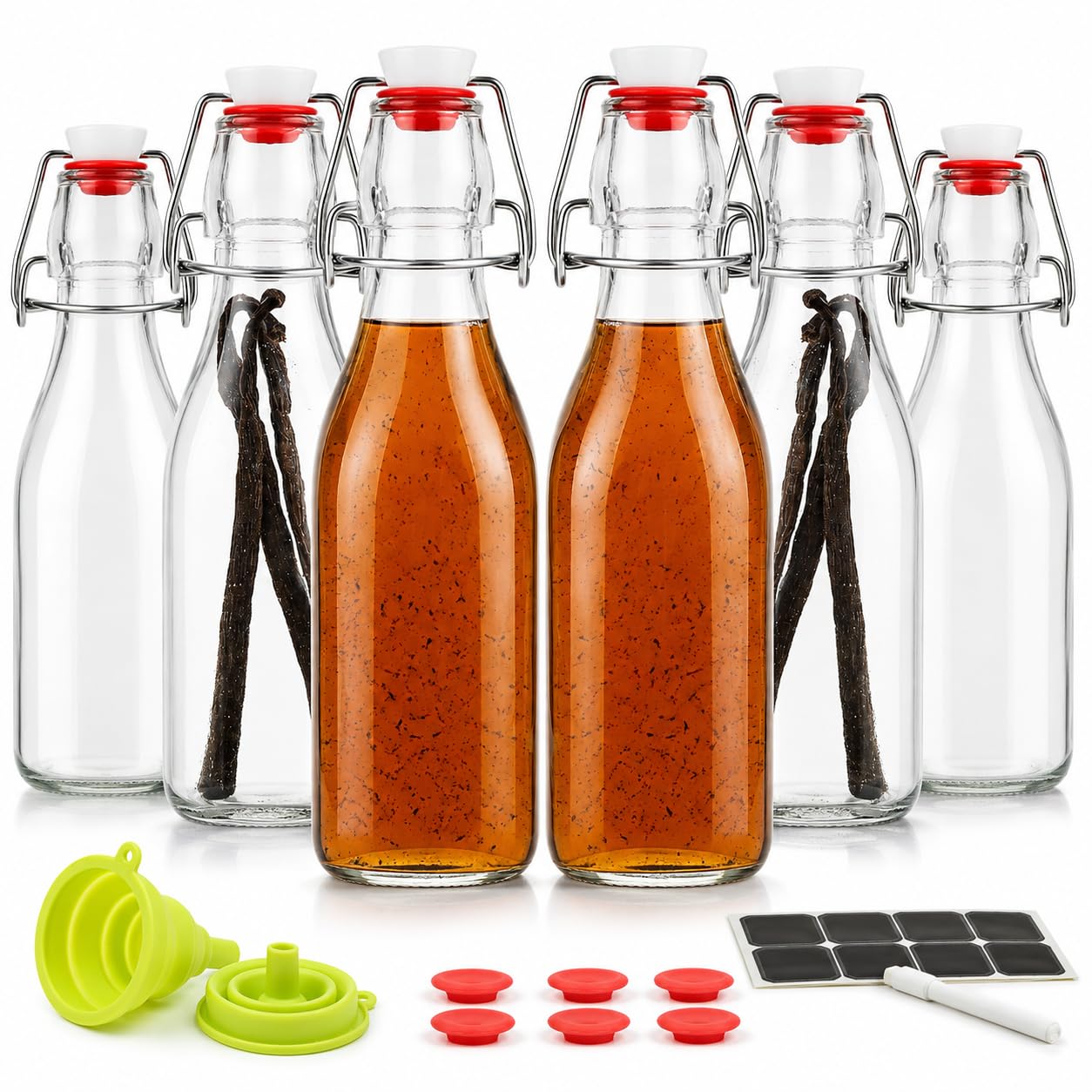 Vanilla Extract Bottles [8.5 oz, 6-Pack] – Flip Top Swing Top Glass Bottles for Homemade Extracts, Kombucha, Coquito, Juice – Airtight Leak-Proof Caps with Funnel, Extra Gaskets, Labels & Marker