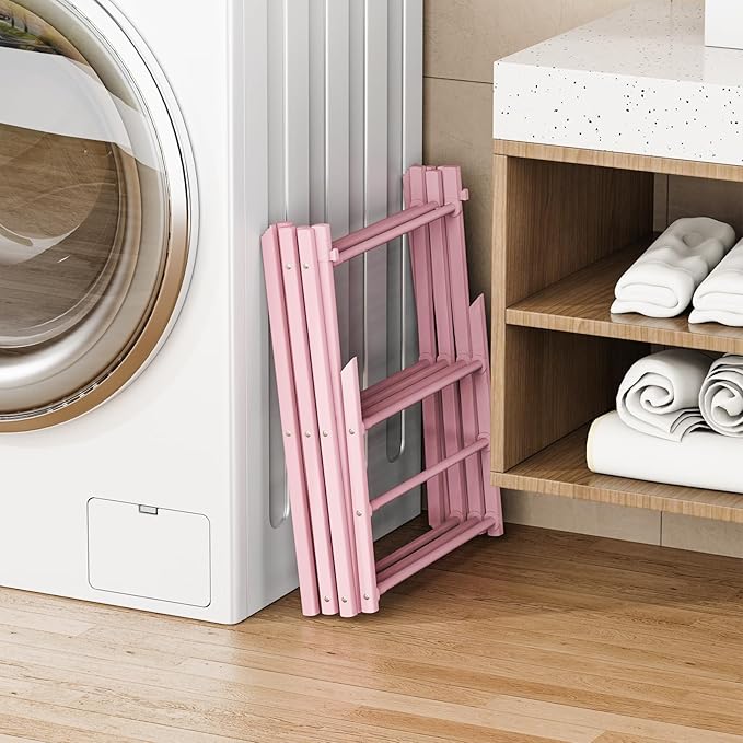 Foldable Drying Rack Clothing, 3-Tier Portable Clothes Drying Racks for Indoor & Outdoor, Anti-Rust Compact Laundry Rack Collapsible, Pink 28" D x 10" W x 35" H