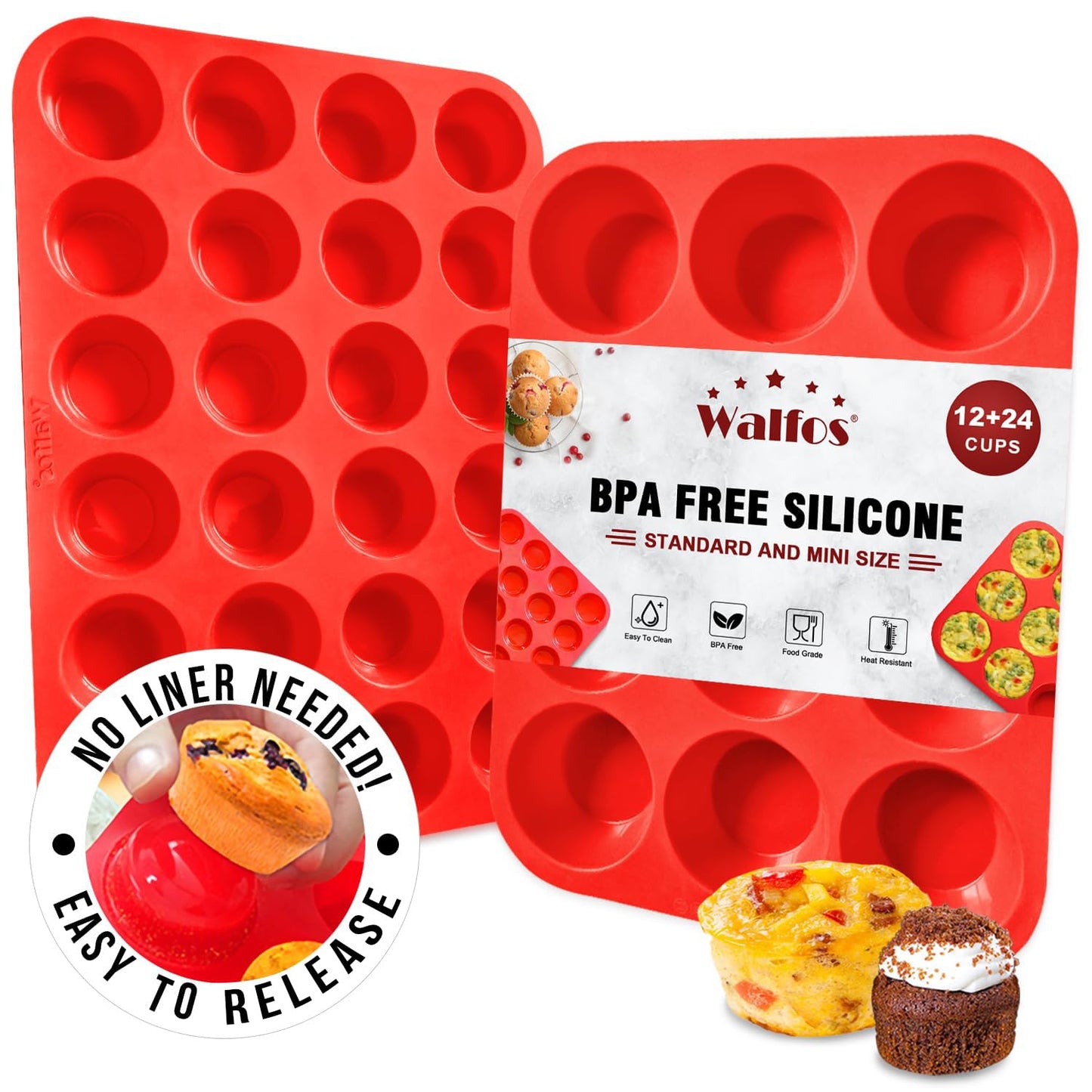 Walfos Silicone Muffin Pan - 12 Cups Regular Silicone Cupcake Pan, Non-stick Great for Making Muffin Cakes, Tart, Bread - BPA Free and Dishwasher Safe