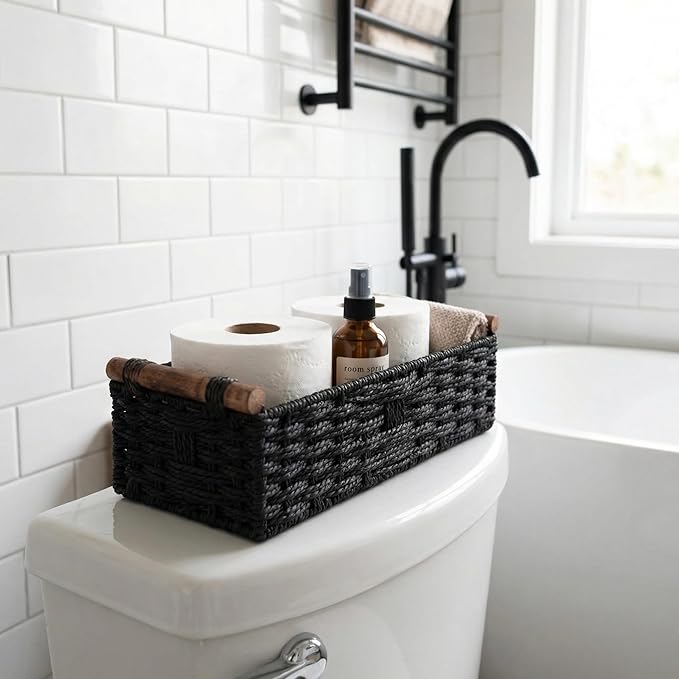 Back of Toilet Basket, Black Toilet Tank Basket for Toilet Paper Storage (Holds 2 Rolls), Paper Rope Wicker Storage Bin with Wooden Handles for Toilet Top, Over Toilet Shelf, Bathroom Counter