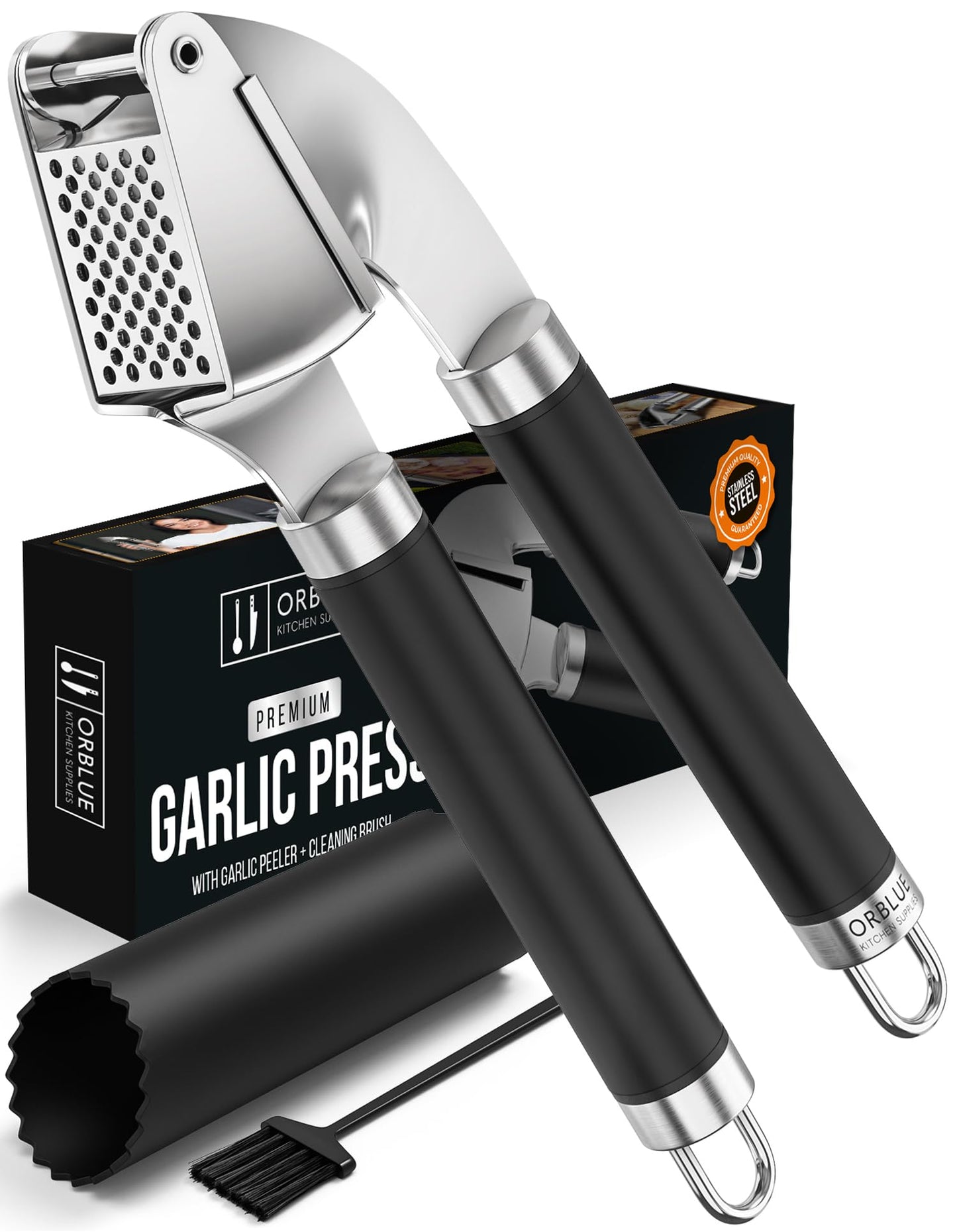 ORBLUE Garlic Press Stainless Steel - Premium Professional Grade Garlic Mincer, Crusher & Peeler Set - Easy Clean, Dishwasher Safe & Rust-proof