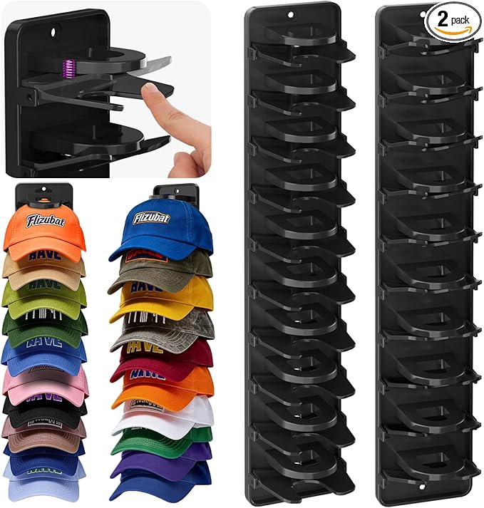 Spring Clip Hat Organizer for Baseball Caps – 2 Pack, Wall Hat Rack for Door & Closet – Keeps 20 Hats Tidy in Entryway, Dorm, Bedroom – Multi-Layer Cap Storage (Adhesive or Screws)
