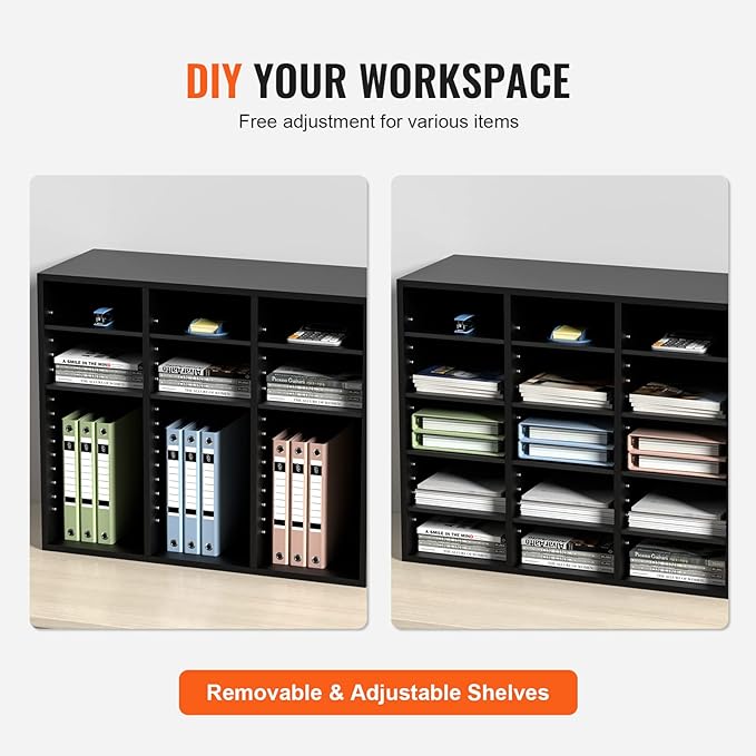 VEVOR Literature Organizers, 24 Compartments Office Mailbox with Adjustable Shelves, Wood Literature Sorter 29x12x24.4 inches for Office, Home, Classroom, Mailrooms Organization, EPA Certified Black