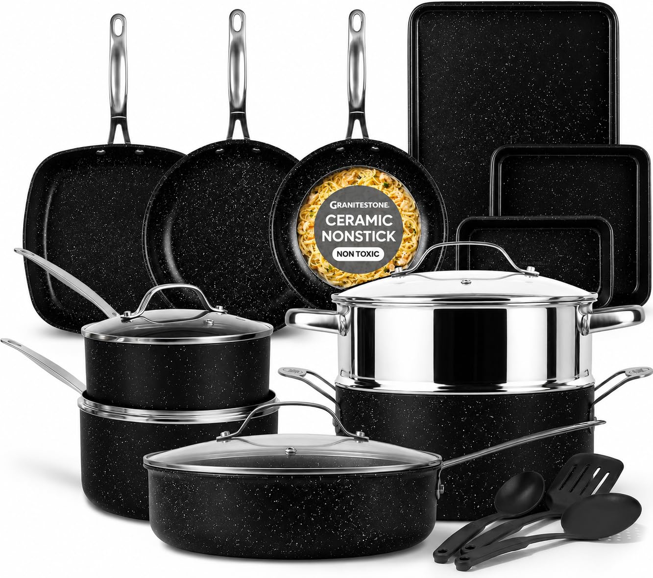 GRANITESTONE Ceraluxe 20Pc Pots and Pans Set Non Stick Ceramic Cookware Set