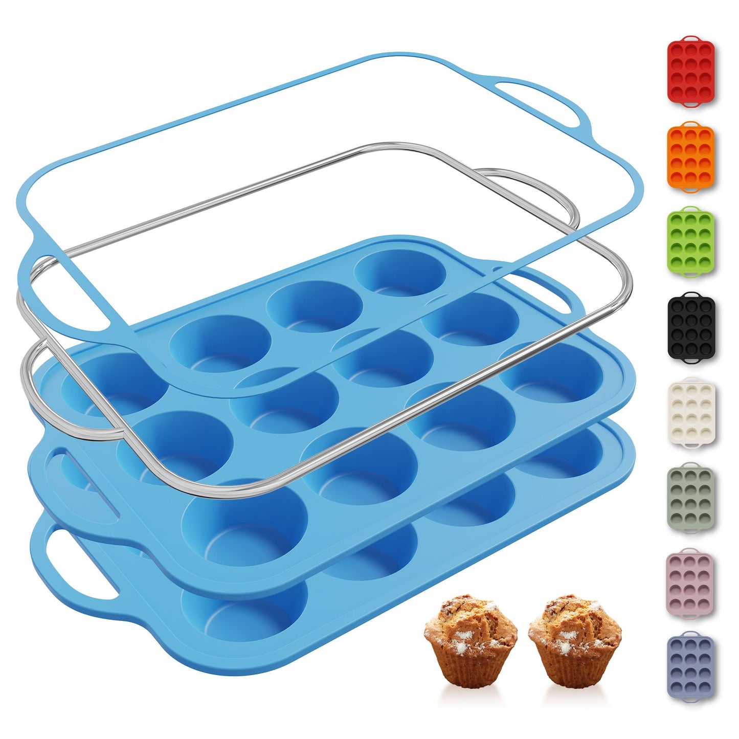 2 Packs 12 Cups Silicone Muffin Pan for Baking with Metal Reinforced Frame Regular Size Cupcake Pan Tray Chocolate Egg Pizza Bites Oven Top Cookie Molds Muffin Tin Tart Pans Sheet Set Bakeware Liner